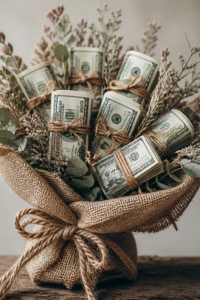 A rustic bouquet with money bundles tied like small flowers, wrapped in burlap and secured with thick twine, with small dried greenery sprigs.