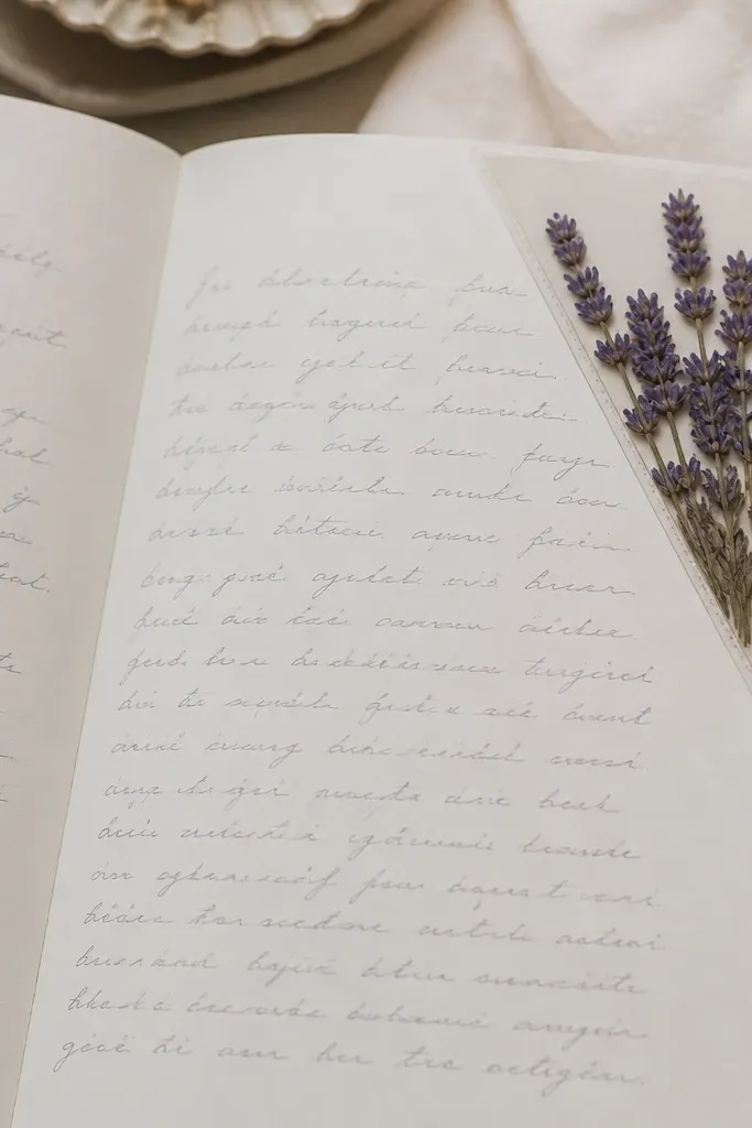A diary spread with a cluster of pressed lavender flowers in the top-right corner, sealed under a clear corner pocket; the rest of the page has soft handwriting in light ink.