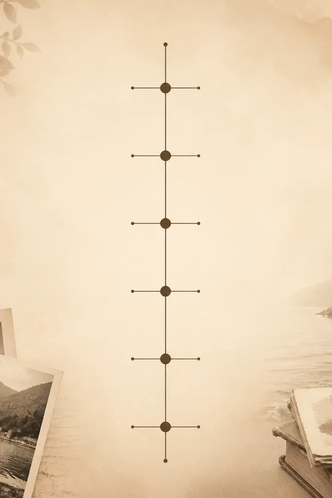 A page washed with light sepia tones in a gradient; a neat vertical timeline runs down the center with dates written in dark brown ink.