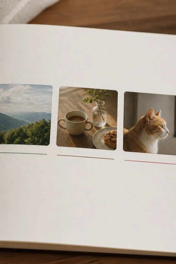 A diary page featuring a horizontal strip of three small photos with rounded corners; below each photo is a thin line and a short caption in matching color ink.