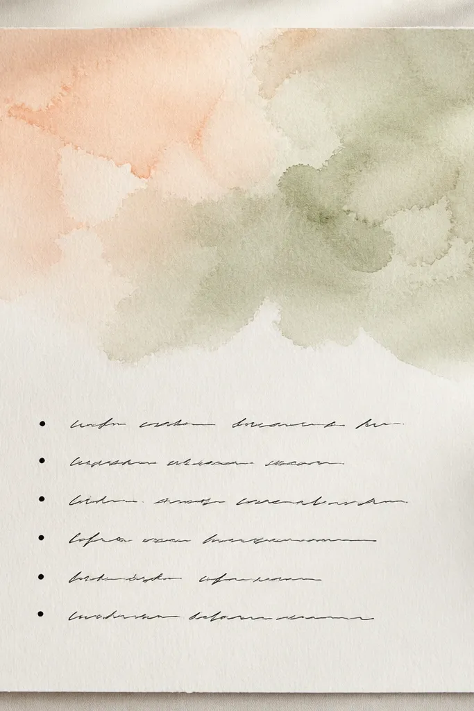 A page with a soft watercolor wash across the top half in pale peach and sage; handwritten notes below are in crisp black ink with small bullet points.