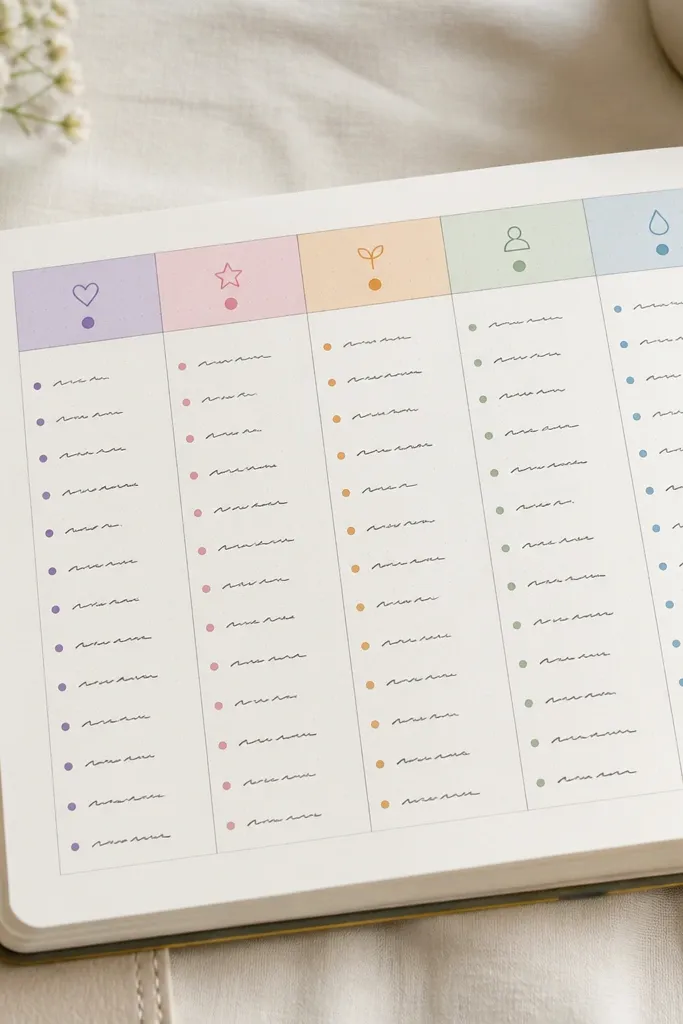 A diary page divided into a neat grid; each column has a different pastel color header, and the notes are written in consistent handwriting.