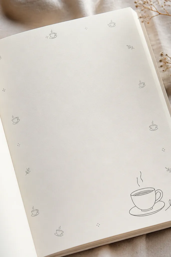 A page with simple black line art of a teacup and steam near the margin; tiny matching doodles repeat lightly around the edges.