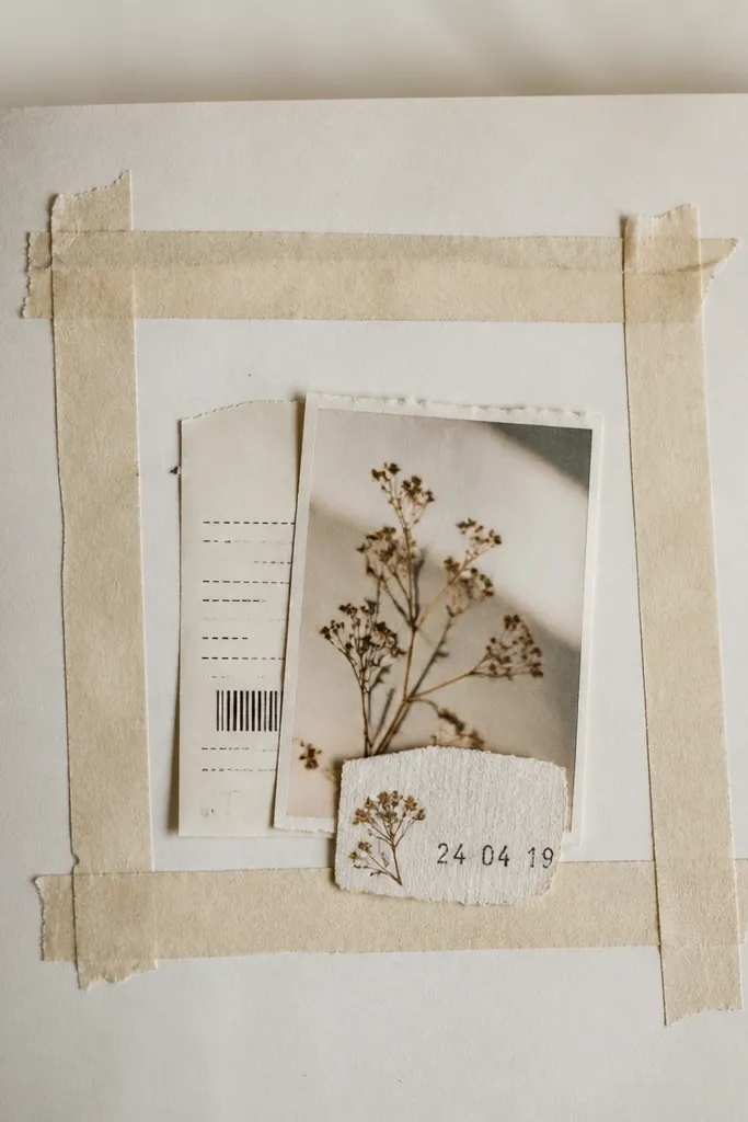 A page with a faux polaroid frame in the center made from washi tape; a small printed receipt-like strip and a date are tucked inside.