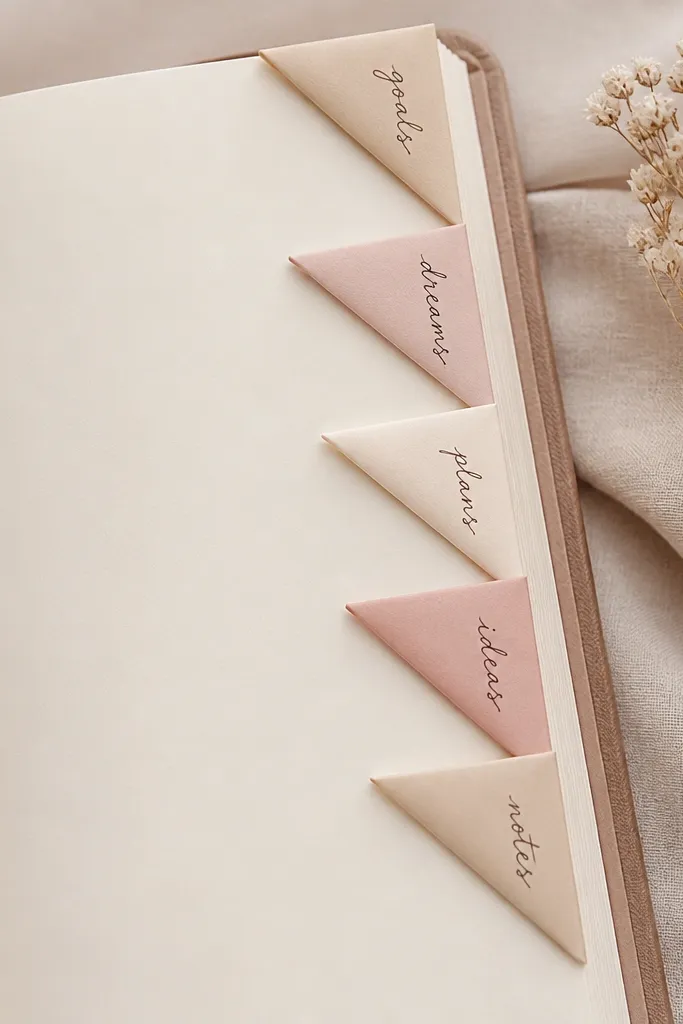 A diary page with folded paper corner tabs in soft beige and blush; each tab has a short label written vertically in neat script.