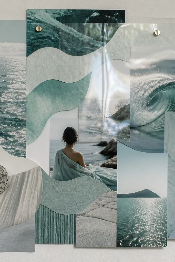 A collage-style board with overlapping wave-pattern cutouts, teal and seafoam photos, and a clear acetate overlay that catches light.