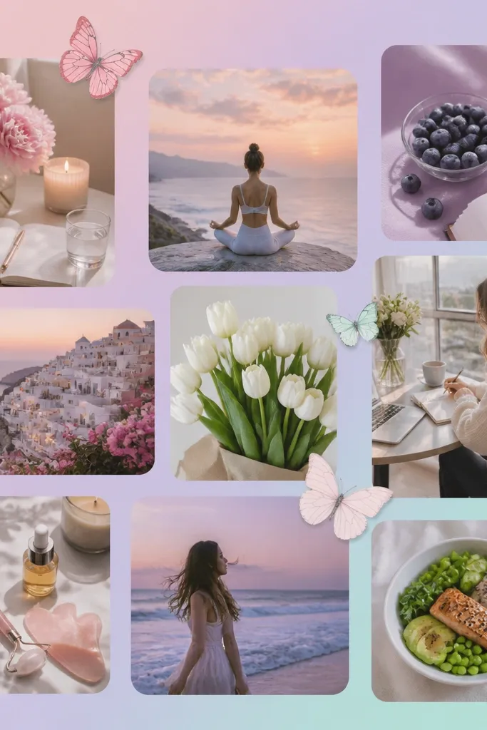 A pastel vision board with a diagonal gradient background (pink to lavender to mint) and small cutout butterflies and rounded photo corners.