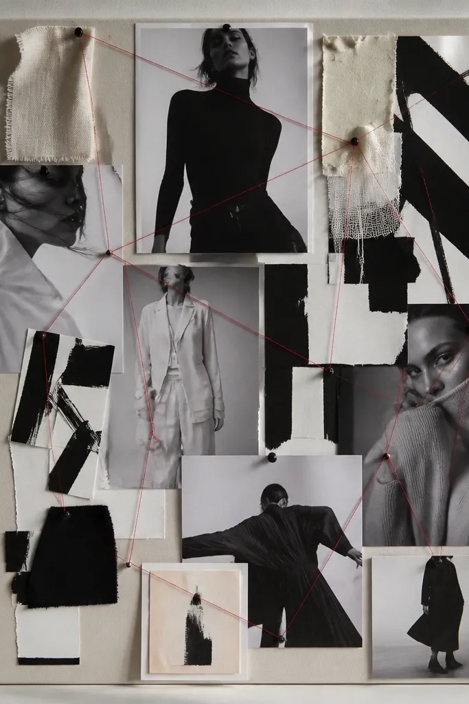 A board filled with black-and-white fashion magazine clippings, bold typography strips, and thin red thread connecting photos.