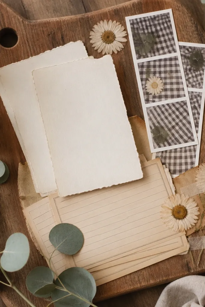 A rustic board with pressed daisies and eucalyptus leaves, cream paper, vintage-style recipe cards, and small checkered photo strips.