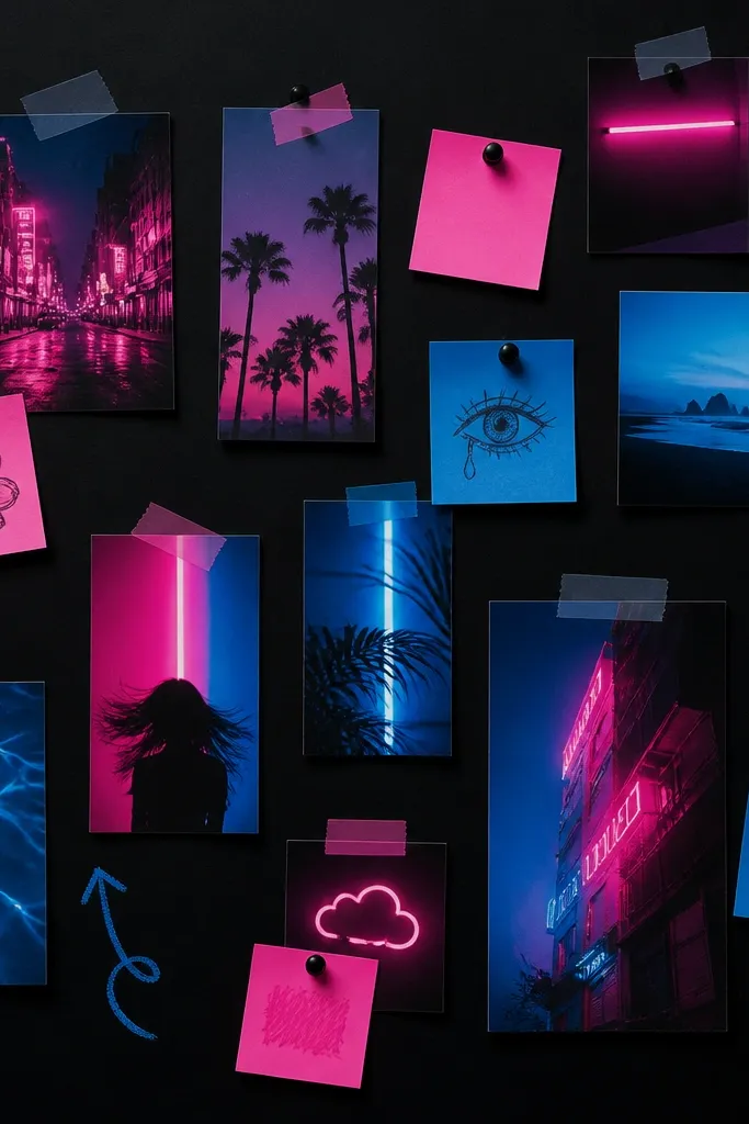 A black background board with neon pink and electric blue photos, glow-like doodles, and neon sticky notes arranged in clusters.