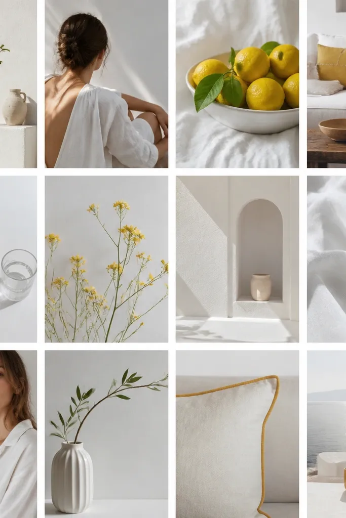 A clean board with a white background, photos arranged in a strict grid, and only a few small yellow accents scattered throughout.