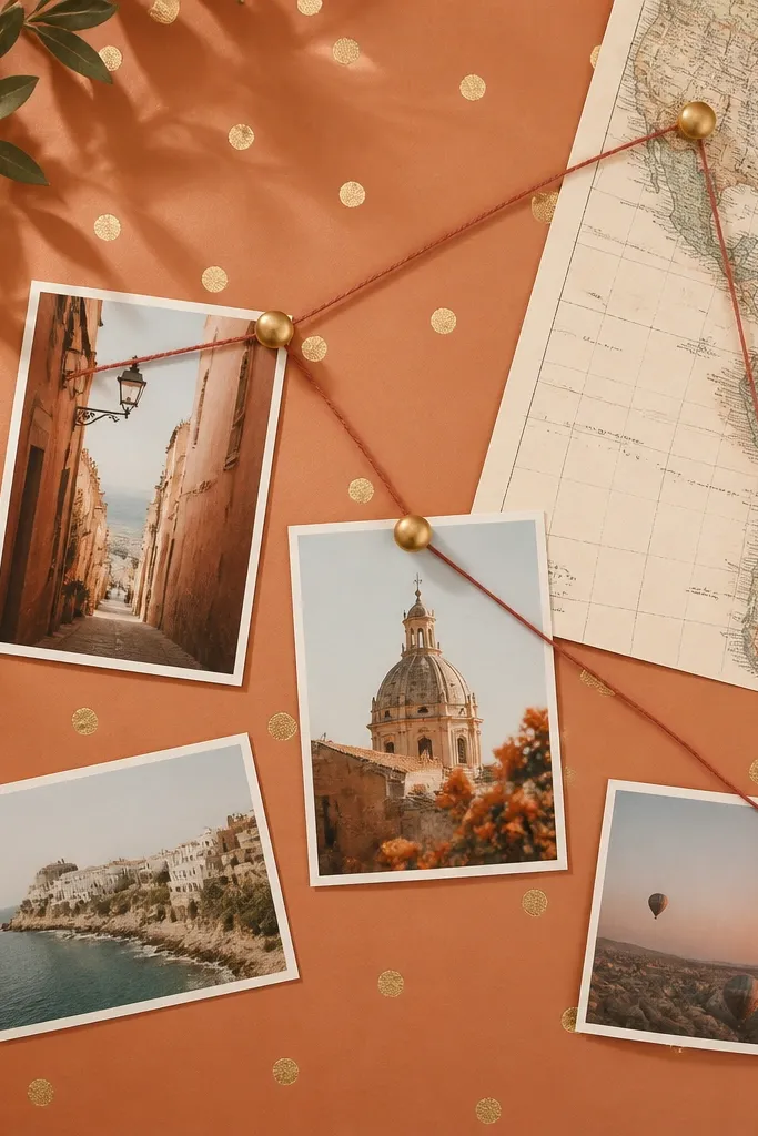A terracotta backdrop with gold foil dots, postcard-style photos, and a small map corner with a string pinned across destinations.