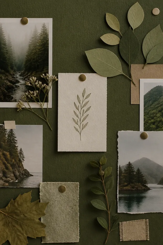 A board with moss green paper, layered leaf cutouts, nature photos, and a subtle quote in dark brown ink on textured card stock.