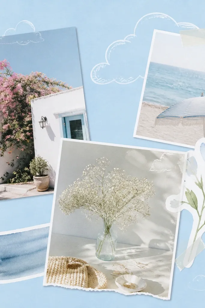 A light sky-blue background with white cloud doodles, watercolor-style photos, and a few transparent label stickers on top.