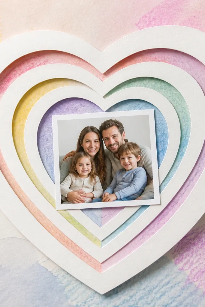 A white paper frame shaped like a heart with layered cutouts, showing a faint crayon texture behind a watercolor wash; a small printed family photo sits in the center.