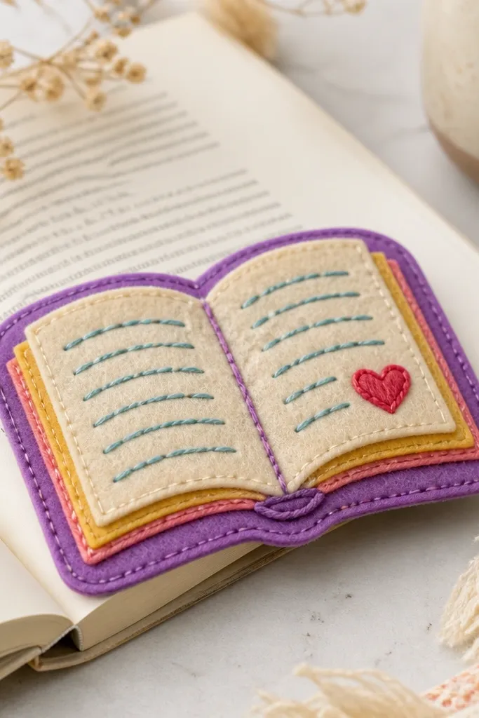 A colorful felt bookmark shaped like an open book, with stitched-looking lines made from yarn and a small embroidered-style heart on the corner; the edges are clean and rounded.