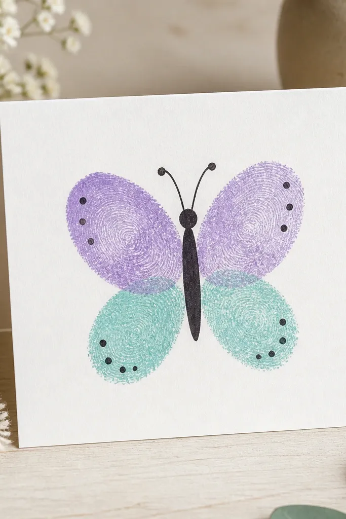 A greeting card with two symmetrical thumbprints for butterfly wings, a black marker body, and small dots and antennae; the wings are colored in pastel purple and teal.