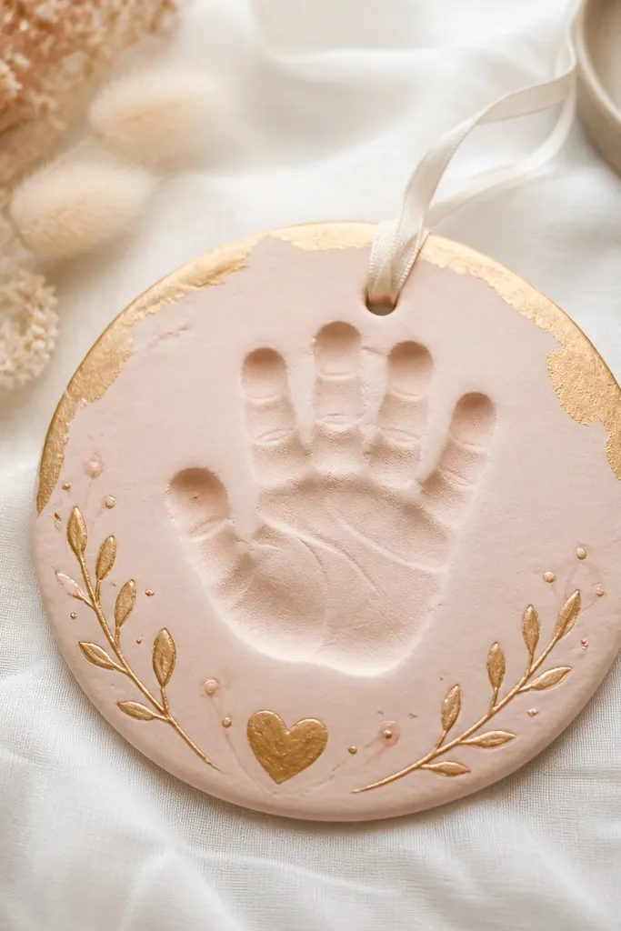 A small round ornament made from salt dough with a child’s handprint pressed into the center and “Mom” written in a curved line; it’s painted in soft blush and gold.