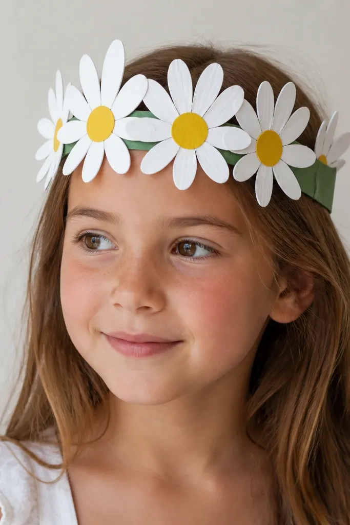 A daisy crown made from a paper plate cut into a headband with individual paper petals painted white and yellow; a green band sits underneath.