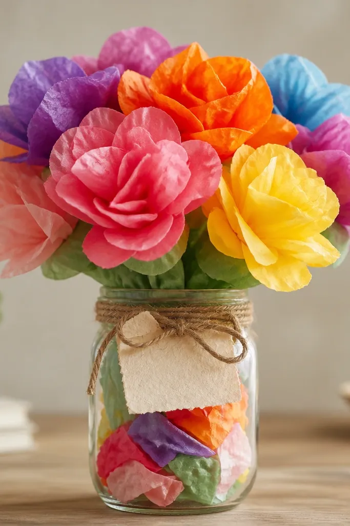 A clear jar filled with colorful crumpled tissue paper “flowers” arranged like a bouquet, wrapped with twine and topped with a handmade paper label.