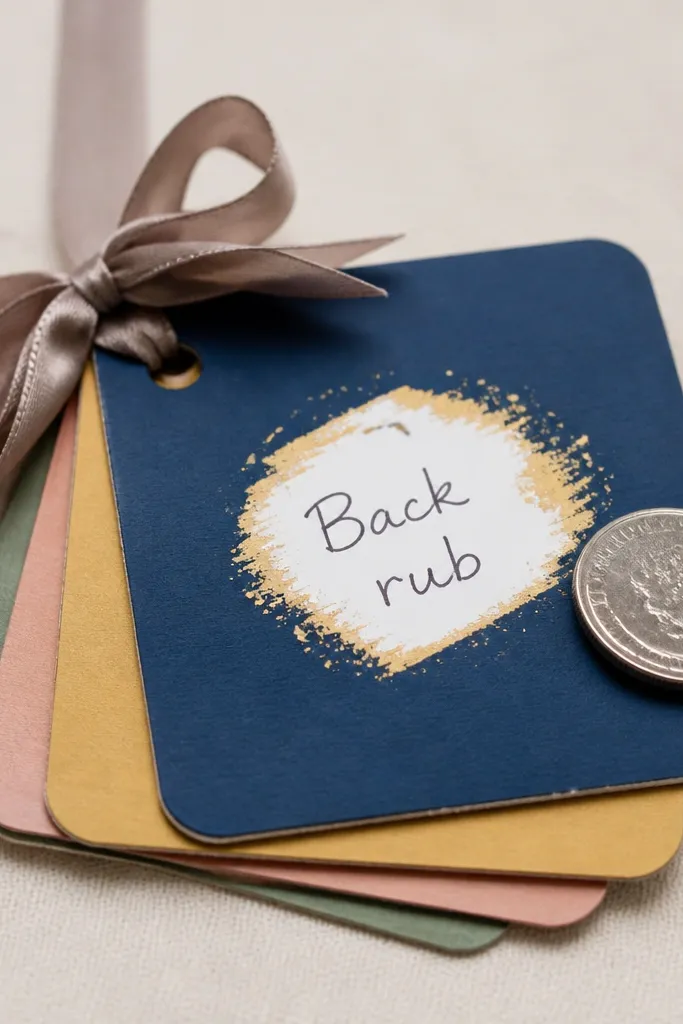 A set of small cards with thick colored coating that kids scratch away with a coin to reveal handwritten messages like “Back rub” and “Pick the movie.” The cards are tied with ribbon.