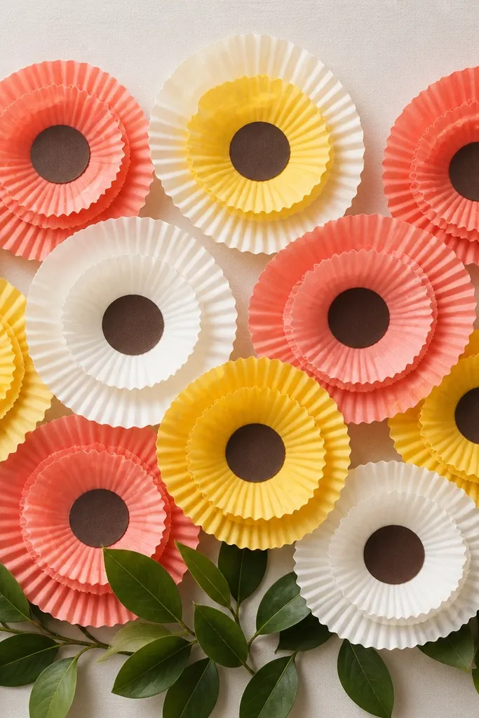 A background sheet covered with layered cupcake liner flowers in coral, yellow, and white, with a dark brown center circle on each; a few green leaves are added at the bottom.