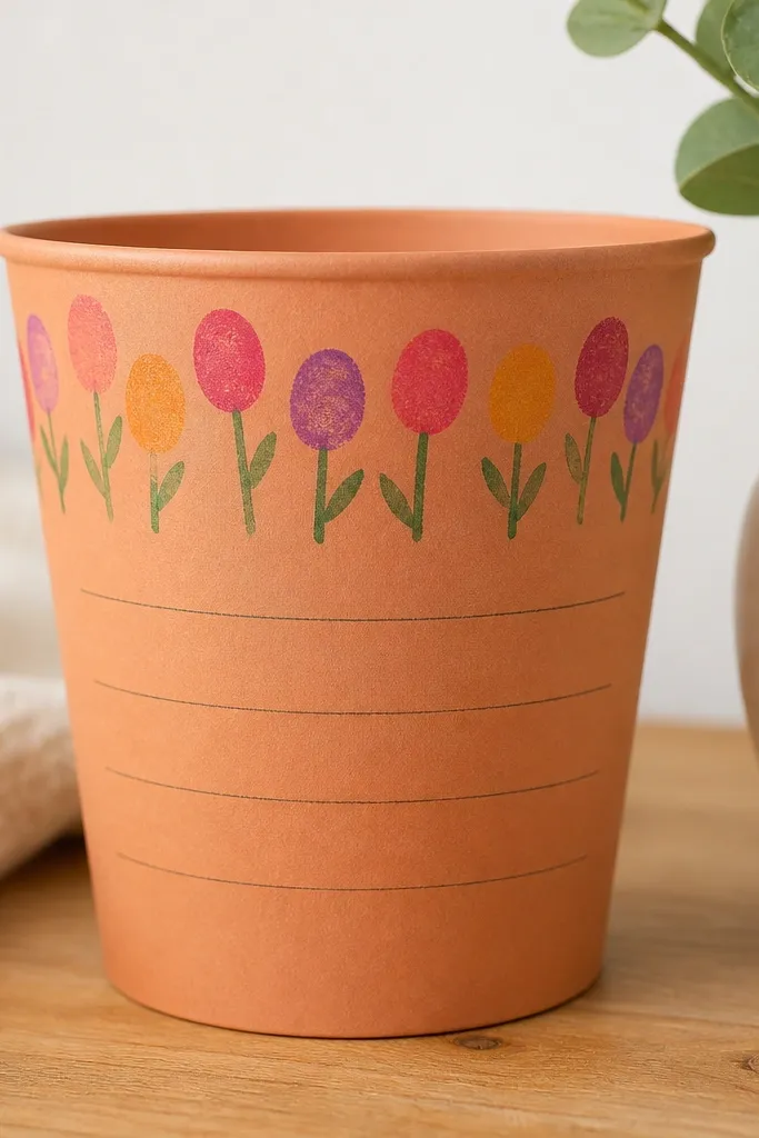 A terracotta-colored paper pot with a row of thumbprint flowers rising from the top rim; beneath the flowers, handwritten reasons start with “I love you because…”