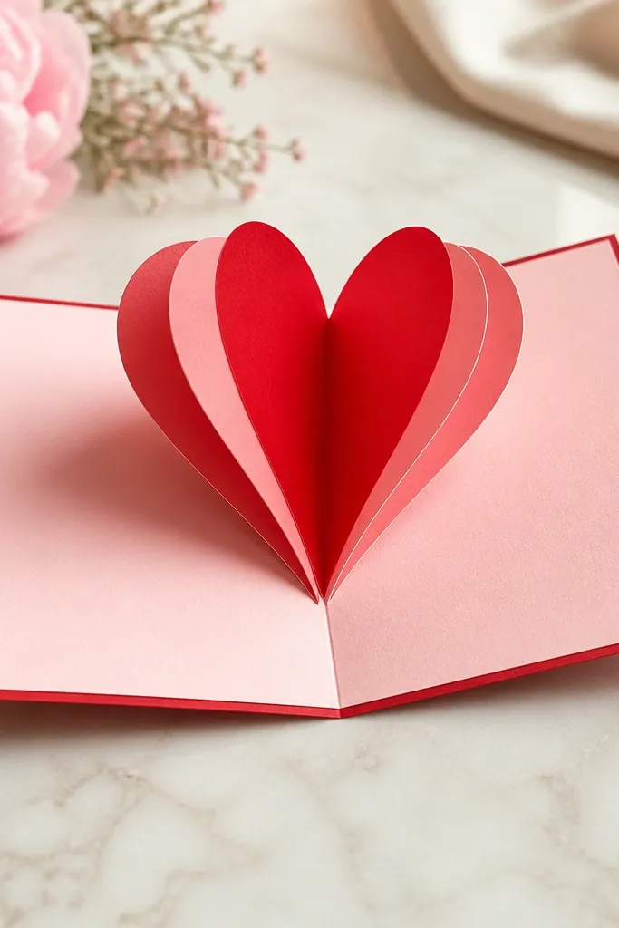 A folded greeting card with an open pop-up heart in the center, colored in red and pink; the heart stands up when the card is opened.