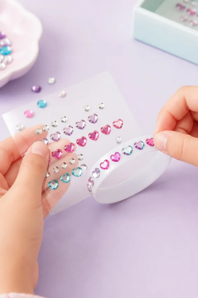 A bracelet craft on a clear sheet: kids place shiny bead-like stickers in a heart pattern, then peel and press onto a flexible band; it’s photographed against a pastel background.