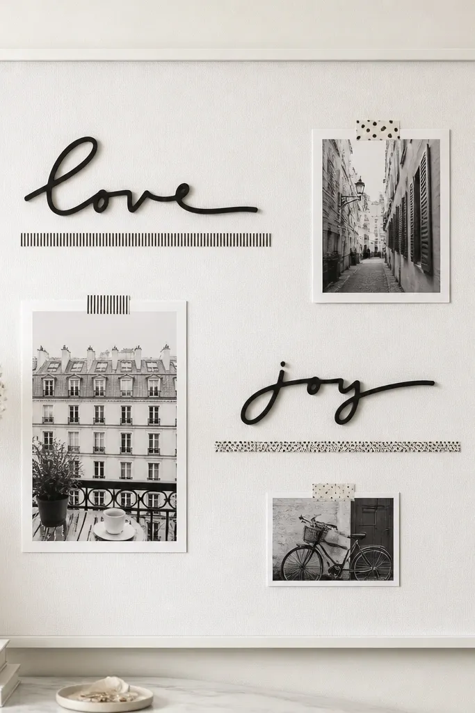 A clean, white corkboard or poster board inside a thin white frame, featuring black cursive cutout words and a few monochrome photos, all spaced with wide margins and neat washi tape lines.