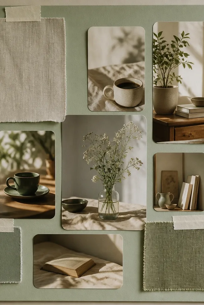 A board with sage green paper as the base, linen fabric swatches taped in corners, and small lifestyle photos in muted tones (coffee cups, plants, books) arranged like a collage with rounded edges.