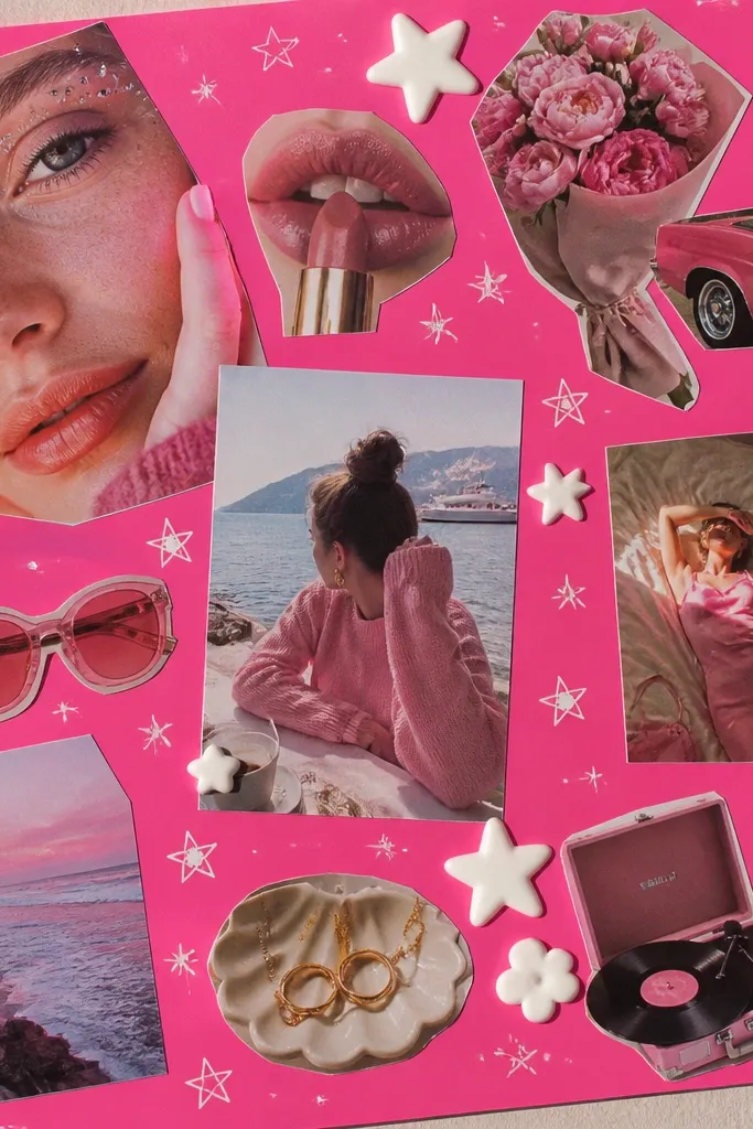 A hot pink background board with glossy magazine photo cutouts, lots of chunky white sticker letters, and small star doodles drawn in white gel pen.