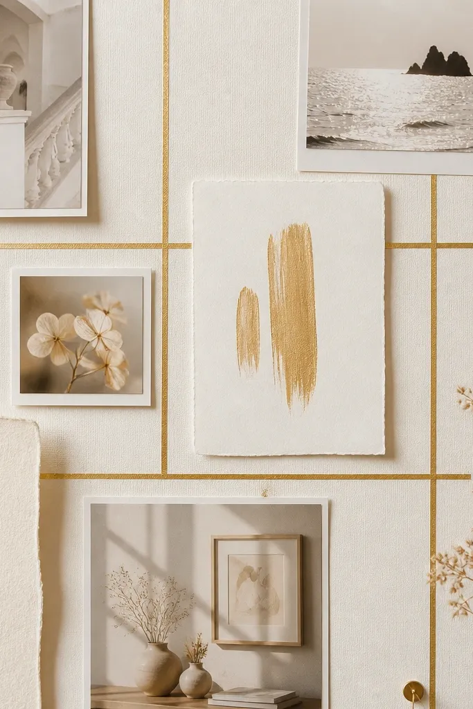 A cream-colored board with thin gold washi tape lines forming rectangles, small elegant photos, and a few gold foil quotes printed on textured cardstock.