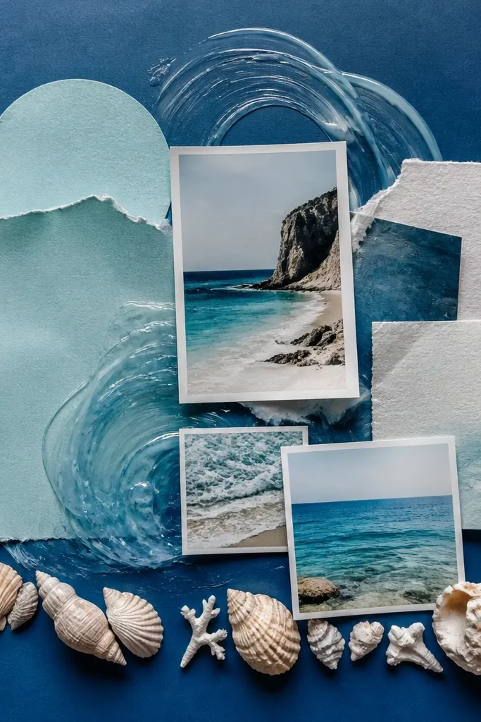 A deep ocean-blue board with pale turquoise paper shapes, translucent gel medium swirls, and tiny printed beach photos, plus cutout shells placed along the bottom edge.