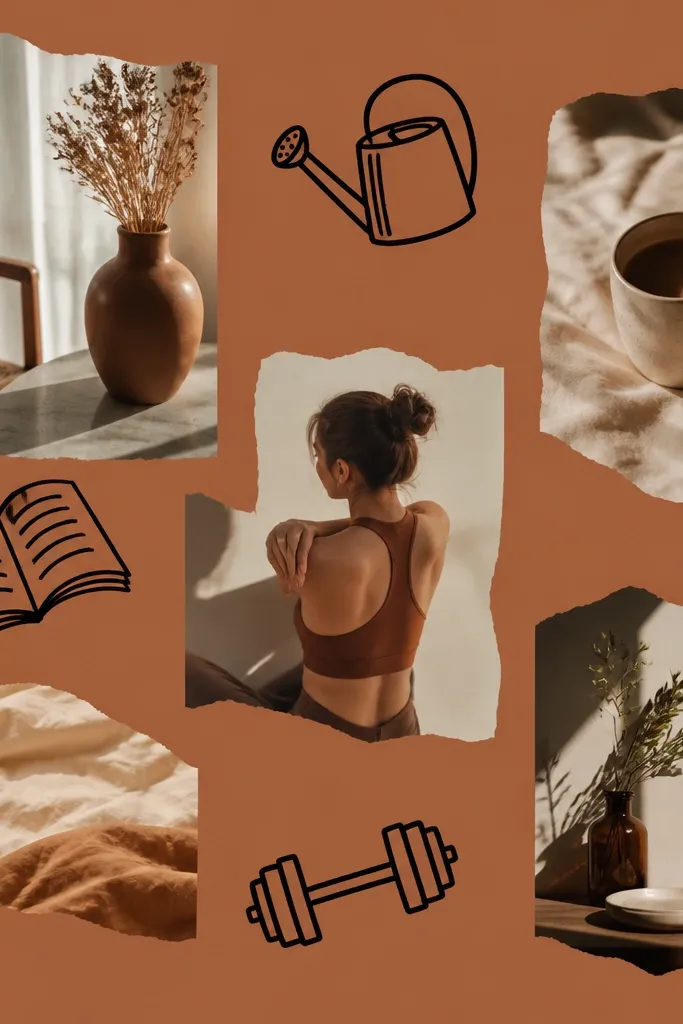 A terracotta-colored background with simple black marker icons (a watering can, a book, a gym dumbbell), plus cutout photos in warm browns and creams.