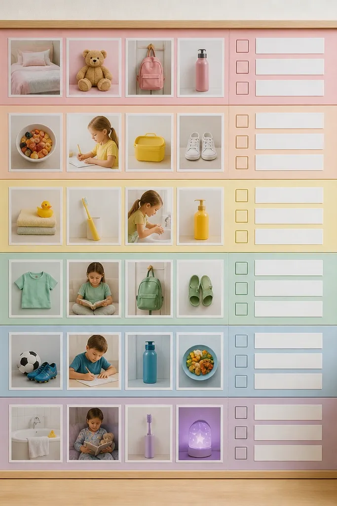 A board divided into pastel rainbow bands (pink, peach, yellow, mint, sky blue, lavender), each section containing small routine photos and check-list style labels.