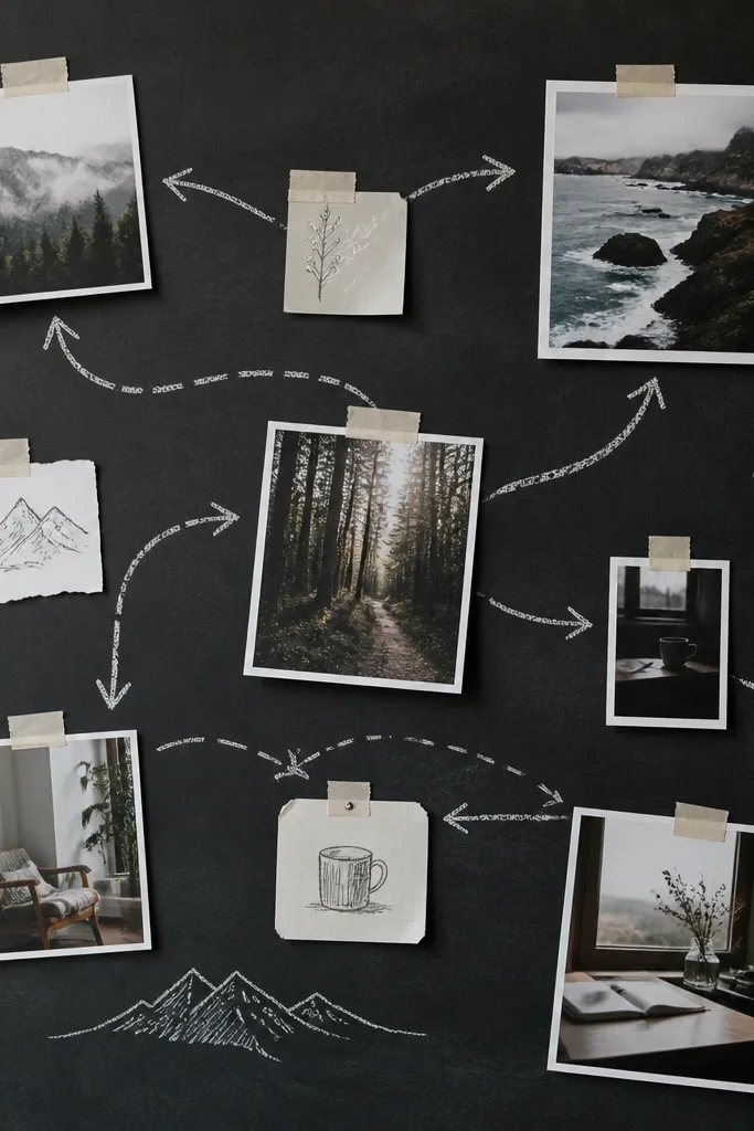A dark charcoal board with white chalk-font printouts, small photo cutouts, and a few doodled arrows drawn like chalk marks, all arranged in curved pathways.