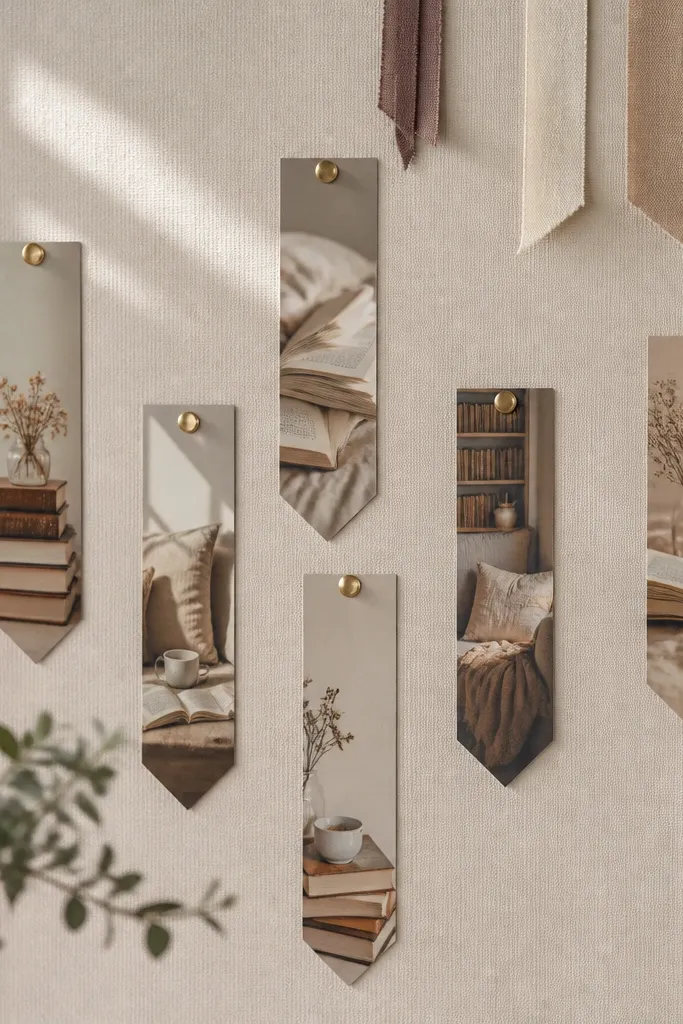 A neutral beige board with vertical bookmark-shaped paper strips, tiny photos of books and cozy corners, and a few fabric ribbon bookmarks hanging from the top edge.