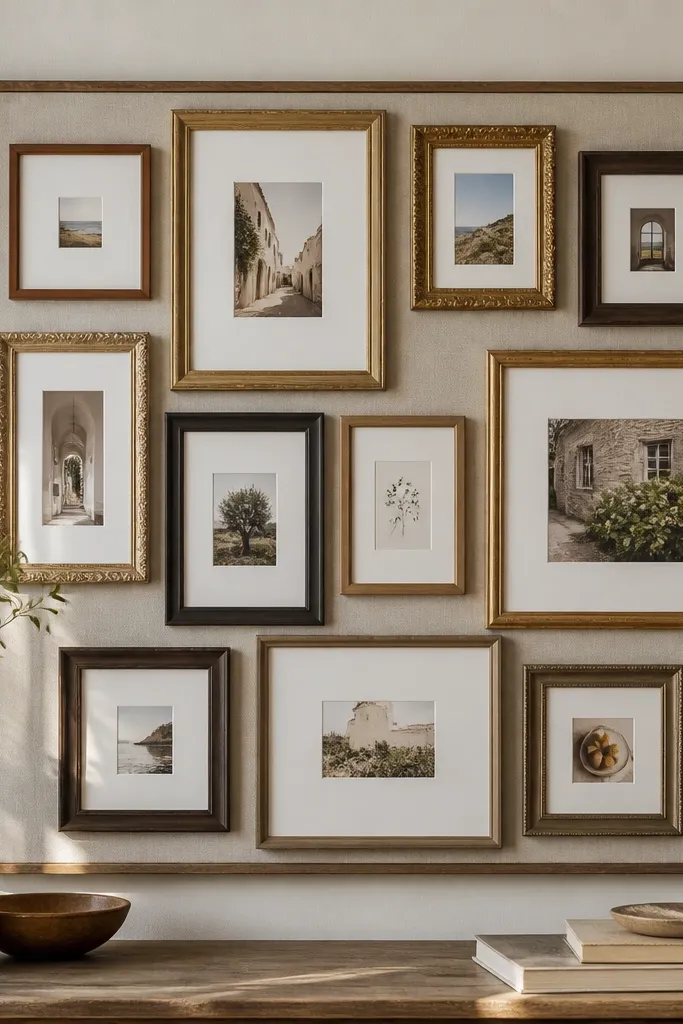 A wall-mounted board featuring multiple thrifted frames in different sizes, each containing a photo mat with a single printed photo or quote, arranged like a gallery wall.