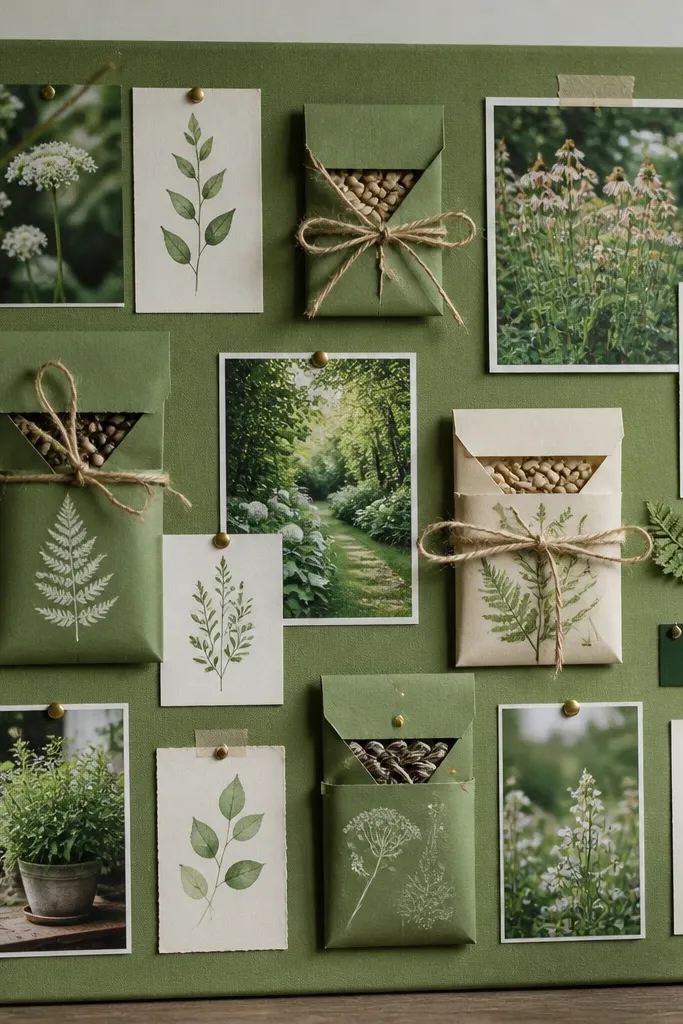 A bright garden-green board featuring cutouts of seed packets, small plant photos, and tiny watercolor-style leaf sketches, with twine tied around a few sections.