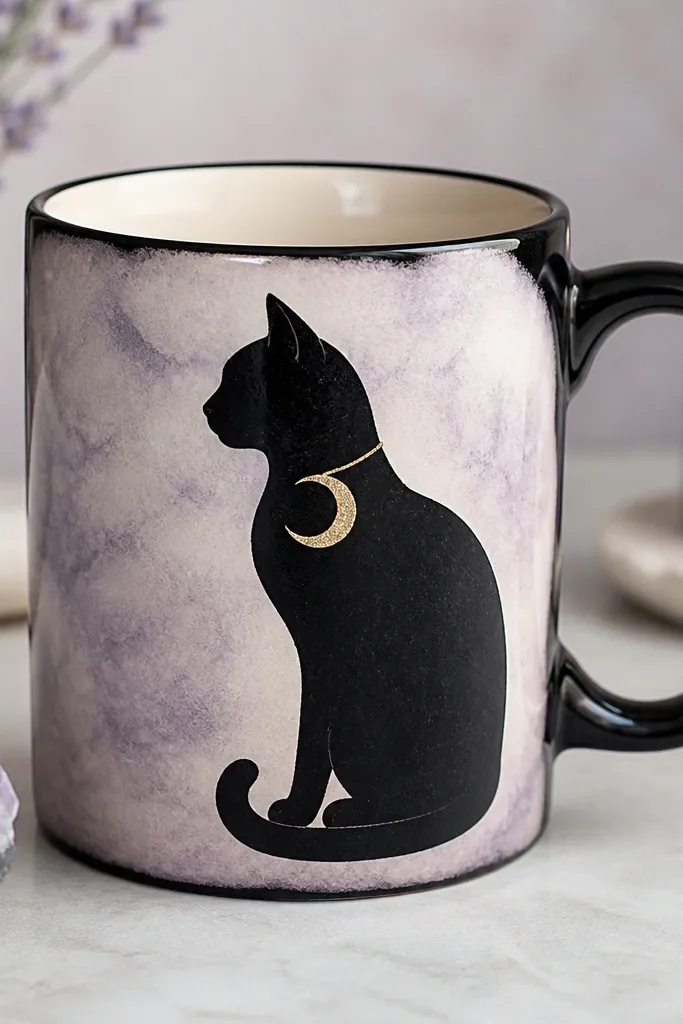 A black-and-cream mug showing a bold black cat silhouette sitting side-on; around the neck is a crescent moon collar edged with fine gold glitter, and the background is a pale lavender wash.