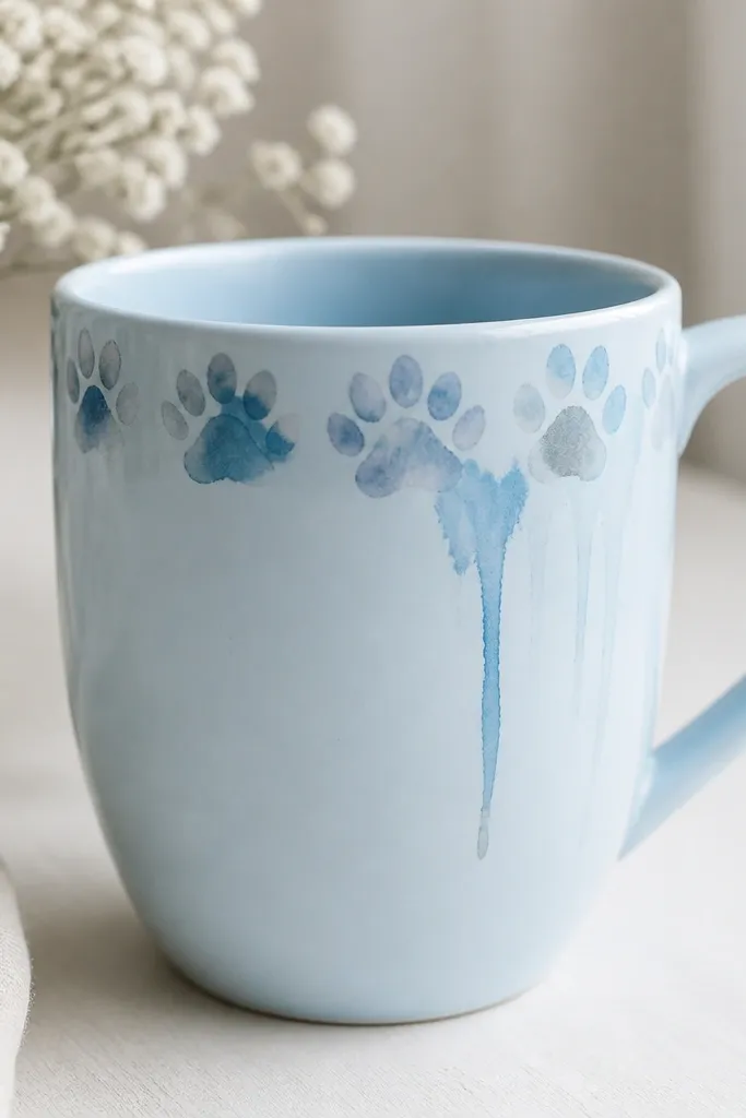 A light blue mug with a watercolor kitten paw print pattern along the rim; paw prints look semi-transparent with soft edges and a gentle “drip” watercolor effect descending down one side.