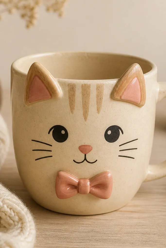 A beige mug with a painted cat face, plus two raised 3D polymer clay ears on top and a small bow tie centered below the eyes; the clay pieces are glossy and the mug has a warm cream background.