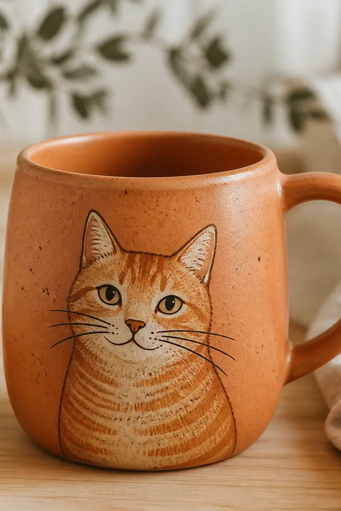 A warm terracotta mug with an orange tabby cat drawn in a rustic style; the body has tiny speckle dots, and the whiskers and nose are outlined in dark brown.