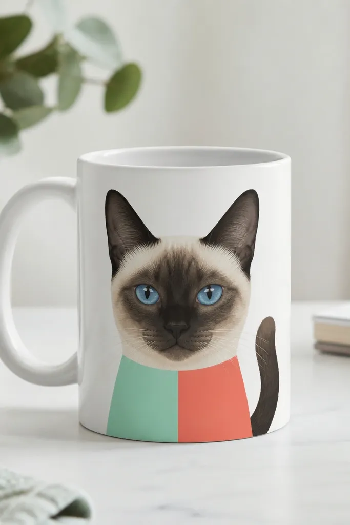 A white mug featuring a Siamese-style cat face with darker points on ears and tail; the collar is a bold color block in mint and coral, with clean straight edges.
