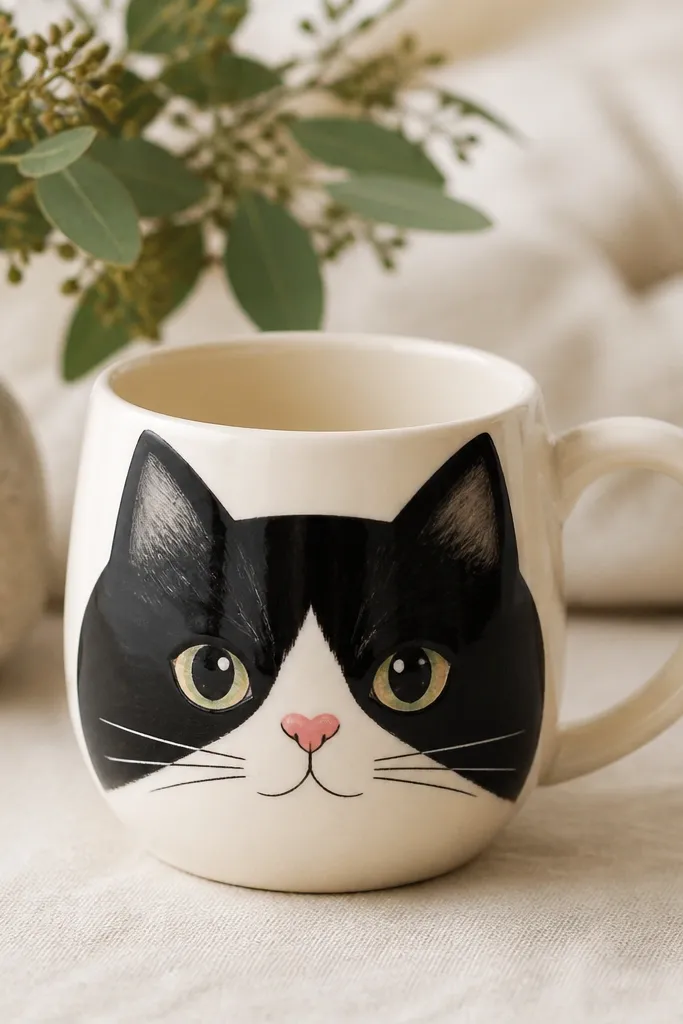 A cream mug with a tuxedo cat face: black markings on the top half, white muzzle area, and a small heart-shaped nose in pink; whiskers are thin and symmetrical.