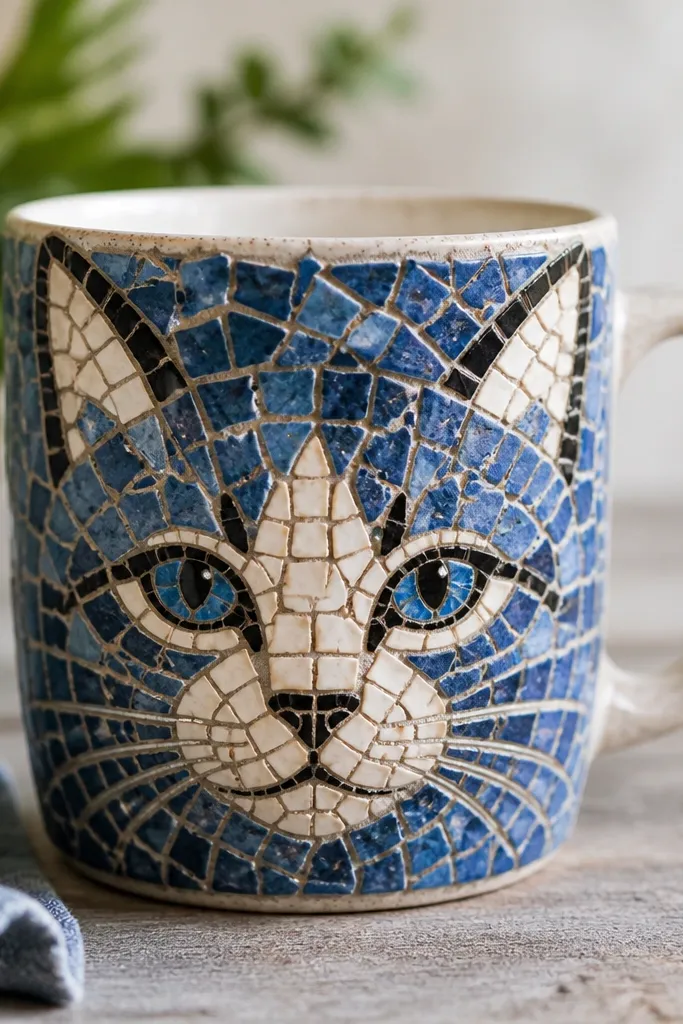 A mug front covered in a mosaic cat face made from small broken tile shards; there are blue and cream pieces for the face, with a darker tile outline around the eyes and nose.