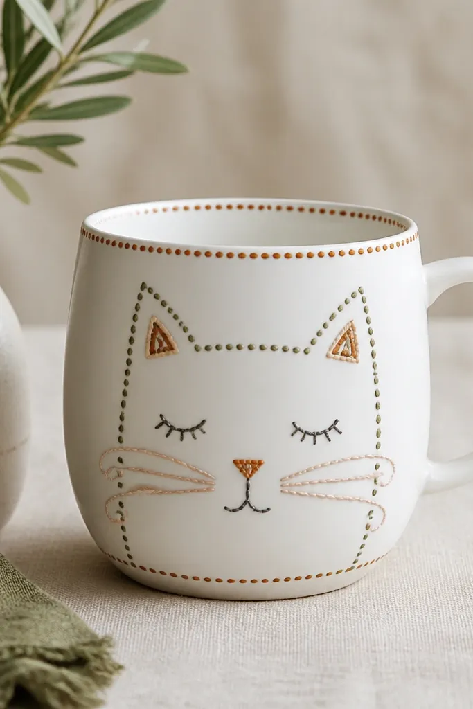 A white mug with a cat face drawn like embroidery: dotted stitches around the edges, small looped lines on the cheeks, and a stitched-looking border in muted olive and rust.