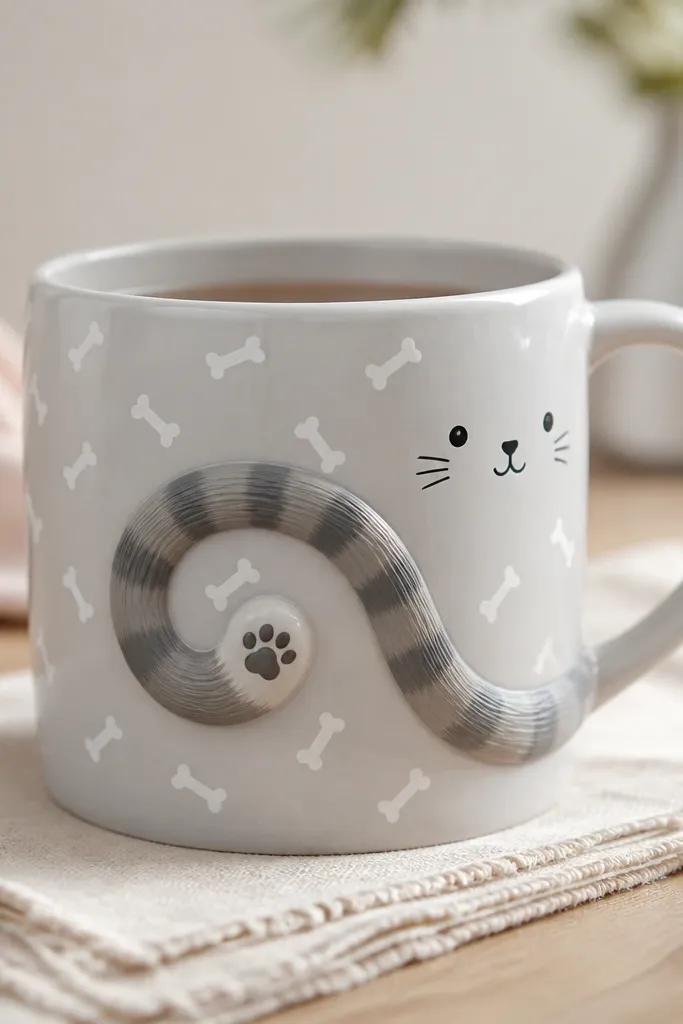 A light gray mug with repeating small bone icons in white and a cat tail swirl wrapping around the side; the tail tip has a tiny paw print and a simple face is painted near the handle.
