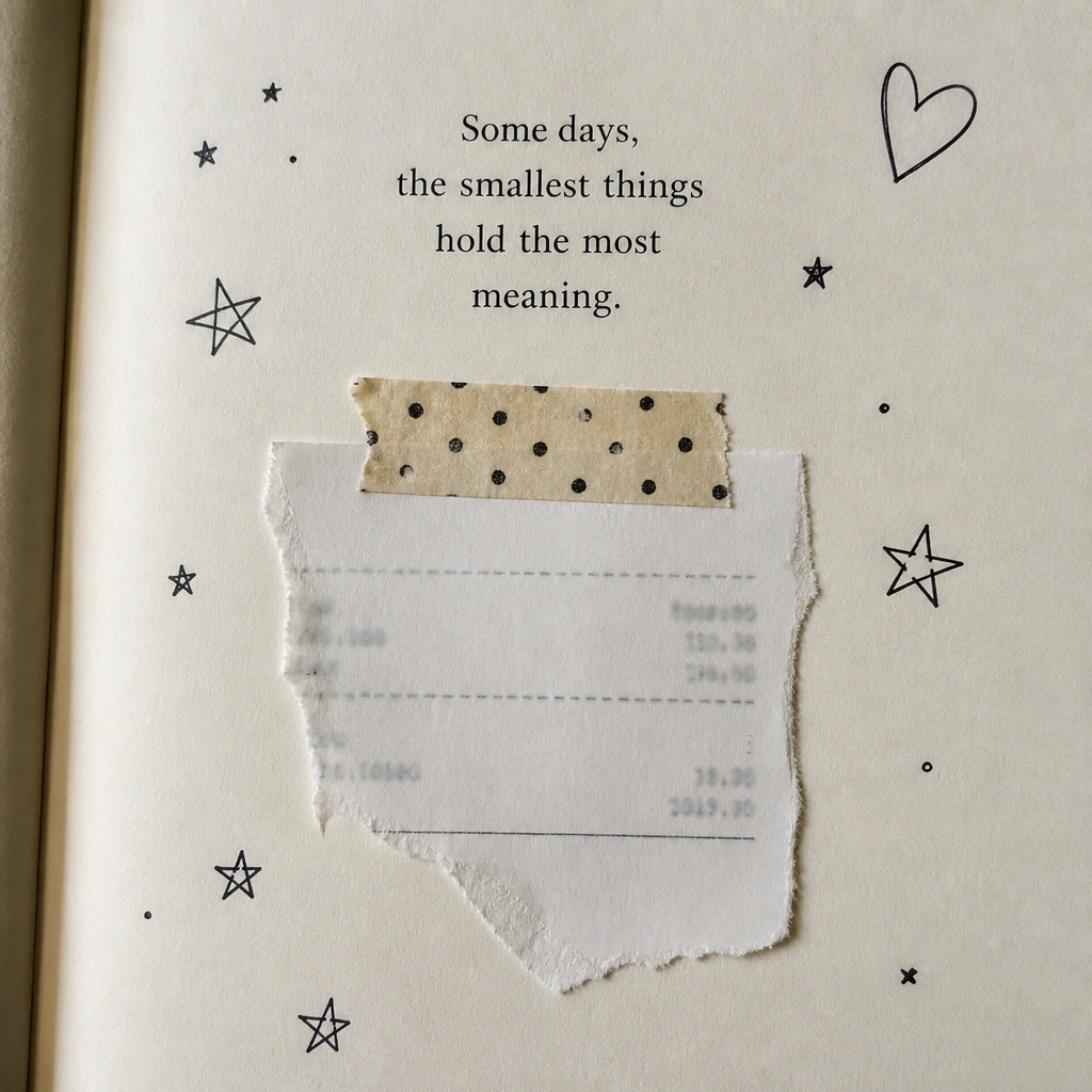A collage page where a torn receipt sits in the center, partially covered by a strip of washi tape. Above it is a neat printed quote in a contrasting font, and around it are small doodles of stars and a heart in pen.